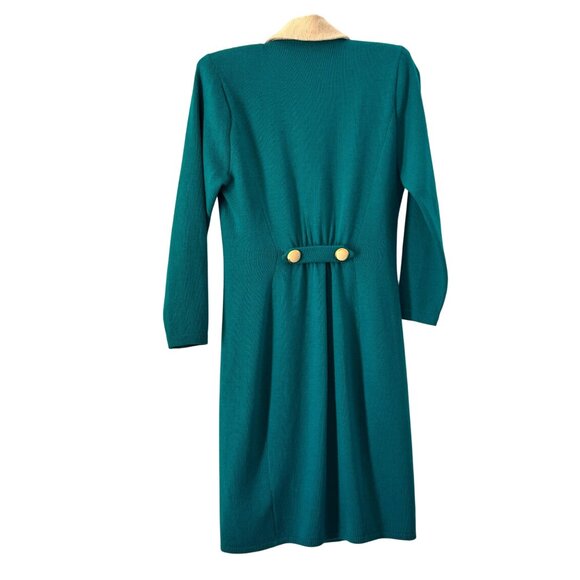 VTG St. John By Marie Gray Teal Knit Mid Dress Cream Collar & Gold Button, Sz 4 - Picture 2 of 7